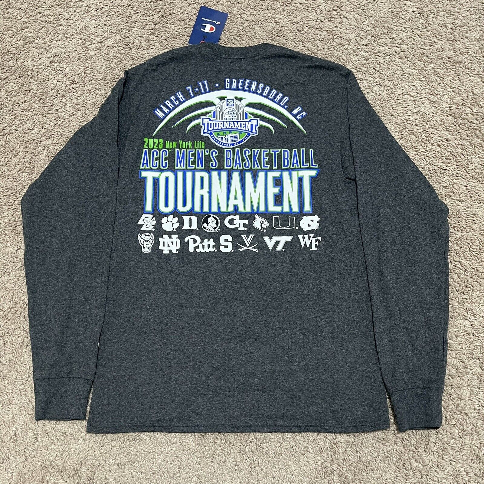 Acc Basketball Tournament Shirt Mens Small Gray 2023 New York Life Long Sleeve